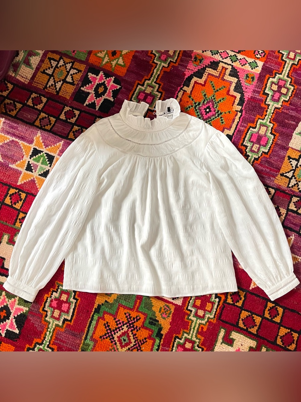 En Saison White Ruffle Neck Long-Sleeve Blouse